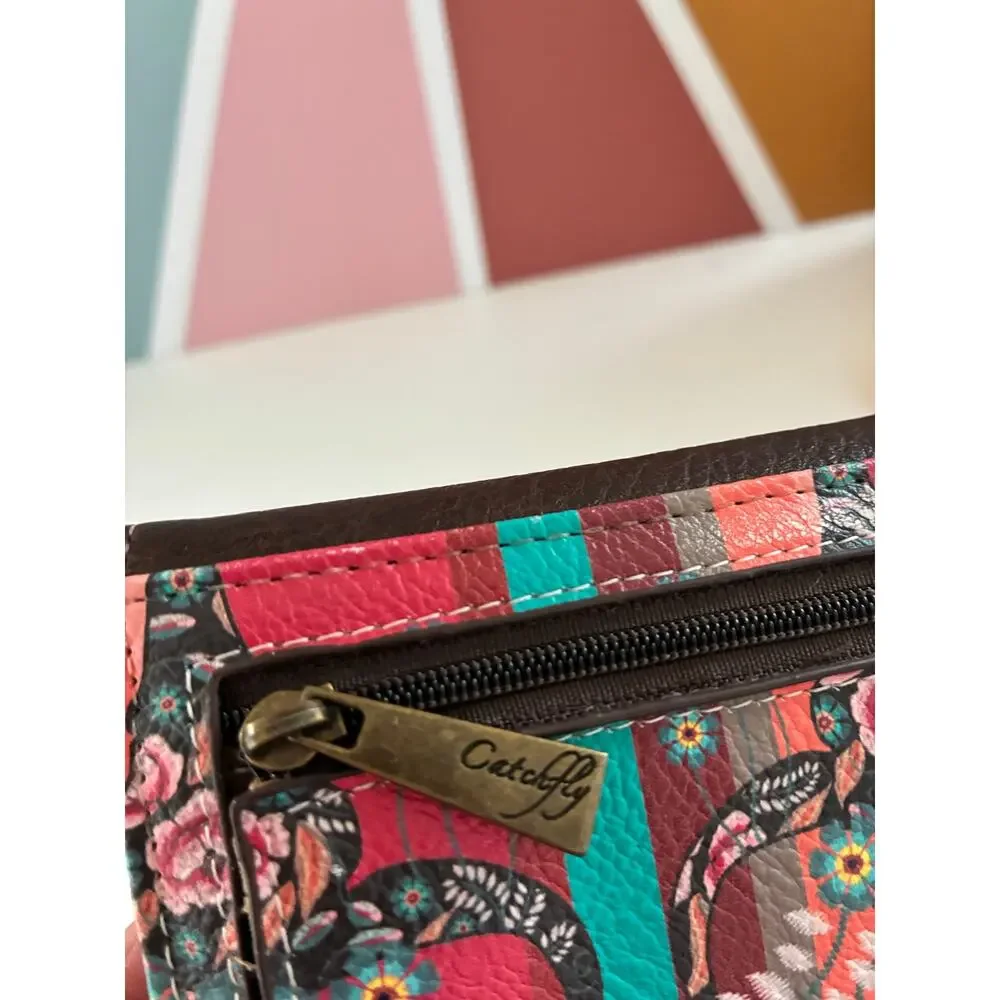 Catchfly Wallet Mini Coral/Turquoise Steer Head Print Wristlet 4.5